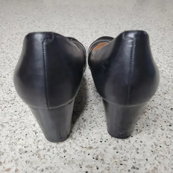 Cole Haan Grand OS Black Leather Closed Round Toe Gold Buckle Wedge Heel✨️9B - Picture 6 of 15